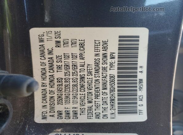 2HKRM3H78GH506087 2016 HONDA CR-V Gray Вид наклейки з VIN-кодом