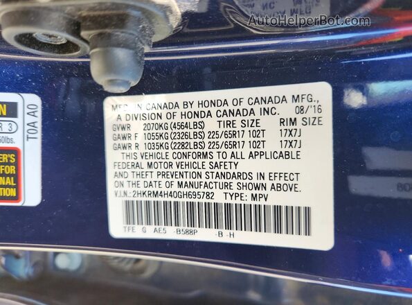 2HKRM4H40GH695782 2016 HONDA CR Blue Vista de la etiqueta del VIN