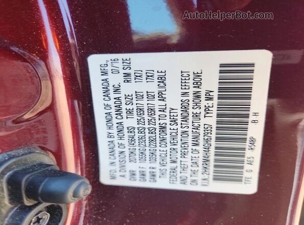 2HKRM4H44GH679357 2016 HONDA CR-V Burgundy Вид наклейки з VIN-кодом