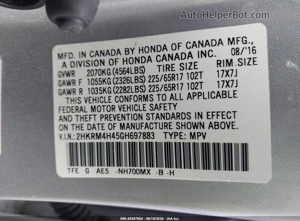 2HKRM4H45GH697883 2016 HONDA CR-V Silver Engine compartment view