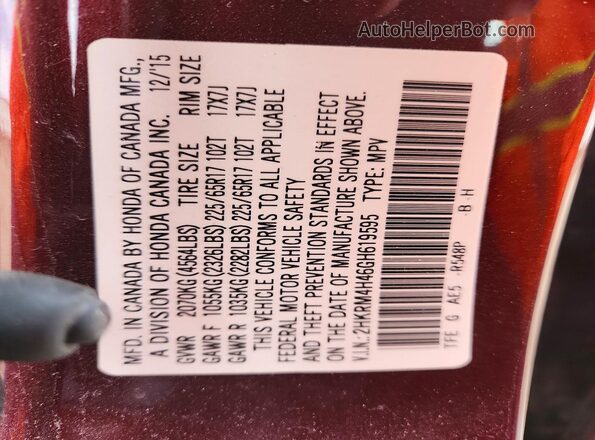 2HKRM4H46GH619595 2016 HONDA CR-V Maroon Вид наклейки з VIN-кодом