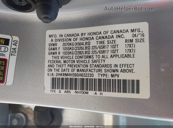 2HKRM4H59GH652230 2016 HONDA CR-V Silver Շարժիչի բաժամունքի տեսք