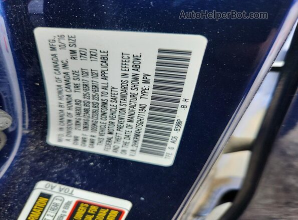 2HKRM4H75GH711940 2016 HONDA CR-V Blue Vista de la etiqueta del VIN