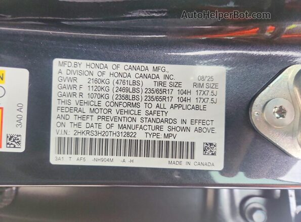 2HKRS3H20TH312822 2026 HONDA CR-V Gray VIN sticker view