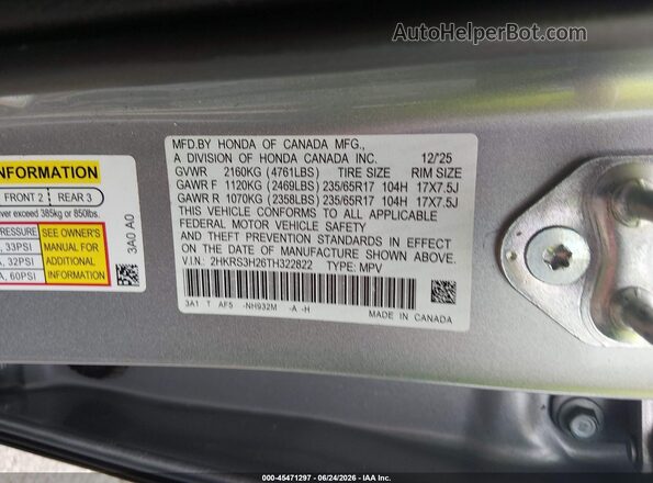 2HKRS3H26TH322822 2026 HONDA CR-V Silver Շարժիչի բաժամունքի տեսք