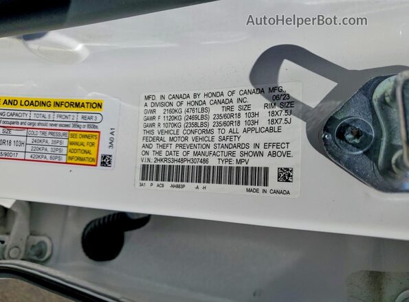 2HKRS3H48PH307486 2023 HONDA CR-V White VIN კოდის სტიკერის ხედი