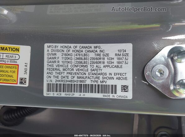 2HKRS3H48SH318657 2025 HONDA CR-V Gray ძრავის განყოფილების ხედი
