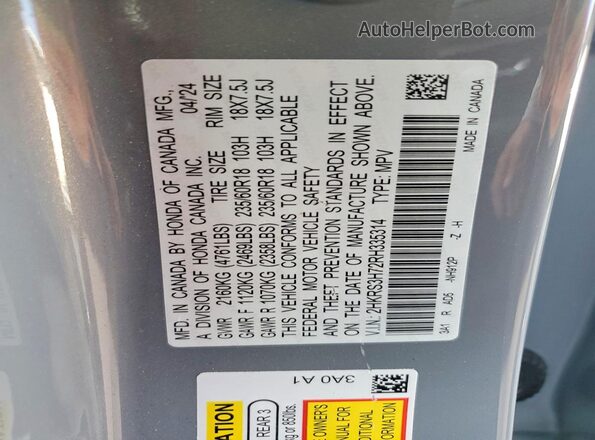 2HKRS3H72RH335314 2024 HONDA CR-V Gray Vista de la etiqueta del VIN