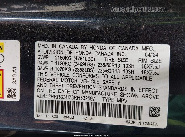 2HKRS3H73RH332597 2024 HONDA CR-V Blue Вид підкапотного простору