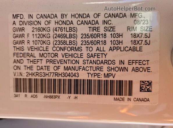 2HKRS3H77RH304043 2024 HONDA CR-V White VIN sticker view