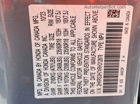 2HKRS3H7XRH312878 2024 HONDA CR-V Gray Vista de la etiqueta del VIN