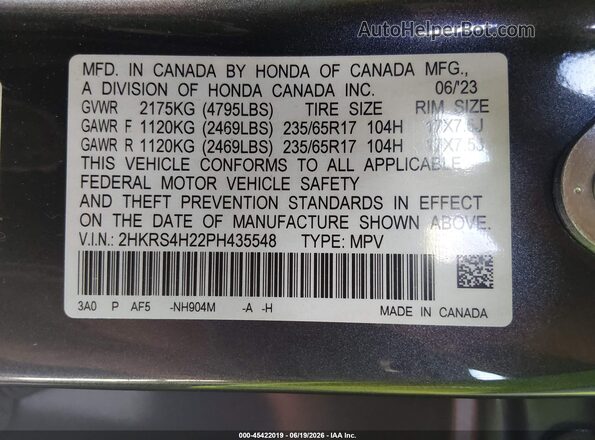 2HKRS4H22PH435548 2023 HONDA CR-V Gray Շարժիչի բաժամունքի տեսք