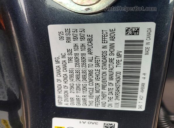 2HKRS4H43TH434730 2026 HONDA CR-V Blue Vista de la etiqueta del VIN