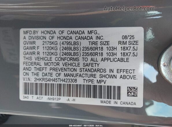2HKRS4H45TH423308 2026 HONDA CR-V Gray Vista del compartimento del motor