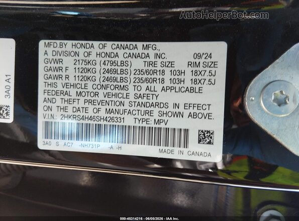 2HKRS4H46SH426331 2025 HONDA CR-V Black Շարժիչի բաժամունքի տեսք