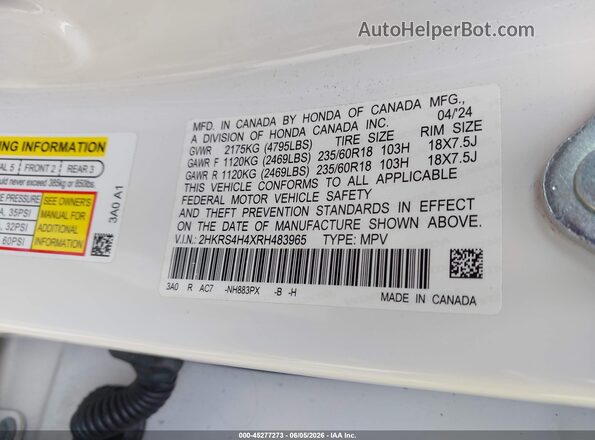 2HKRS4H4XRH483965 2024 HONDA CR-V White Widok komory silnika