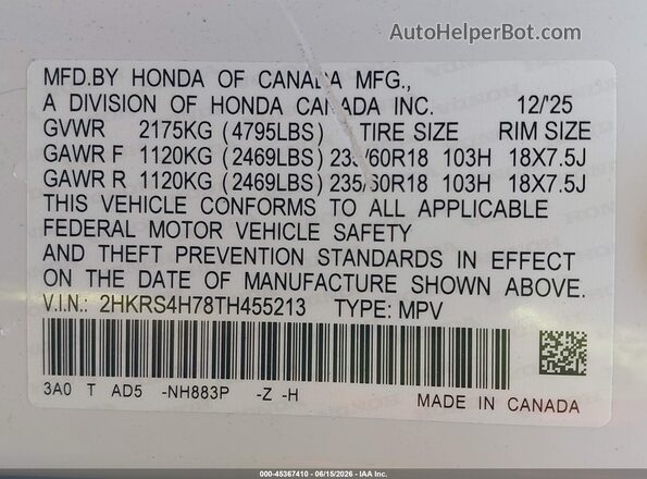 2HKRS4H78TH455213 2026 HONDA CR-V White Вид підкапотного простору