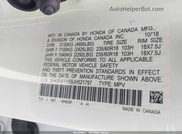 2HKRW1H59JH521797 2018 HONDA CR-V White Vista del compartimento del motor