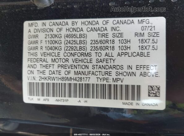 2HKRW1H89MH428177 2021 HONDA CR-V Черный Вид подкапотного пространства