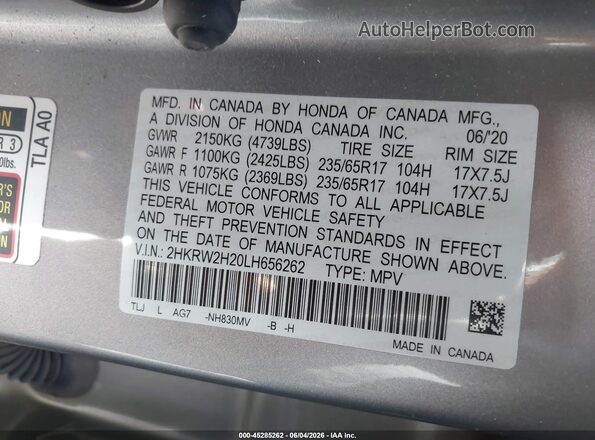 2HKRW2H20LH656262 2020 HONDA CR-V Silver Widok komory silnika