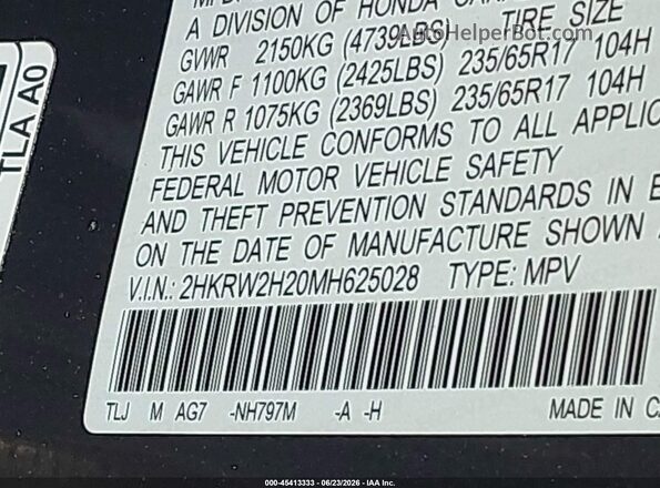 2HKRW2H20MH625028 2021 HONDA CR-V Серый Вид подкапотного пространства