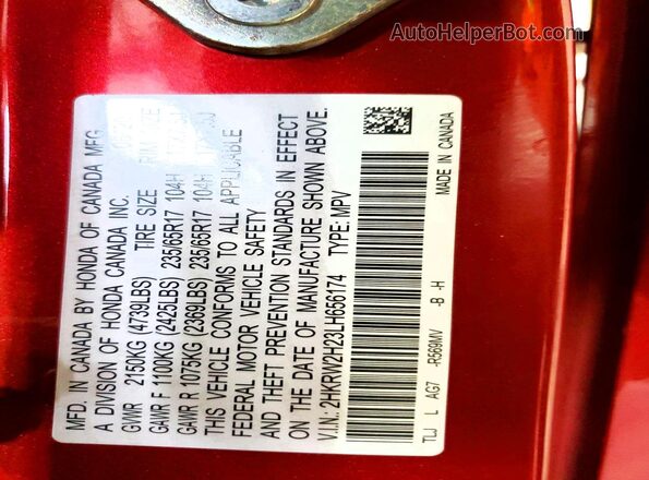 2HKRW2H23LH656174 2020 HONDA CR-V Красный Панорамный вид салона 360°