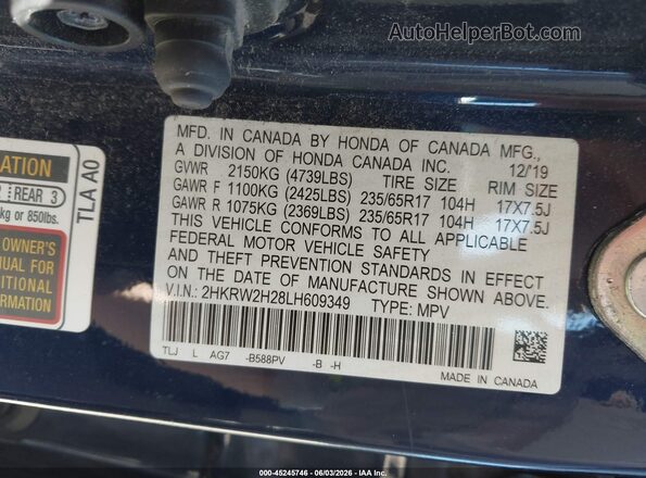 2HKRW2H28LH609349 2020 HONDA CR-V Blue Вид підкапотного простору