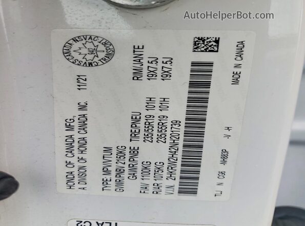 2HKRW2H42NH201739 2022 HONDA CR-V White Панорамний вид салону 360°
