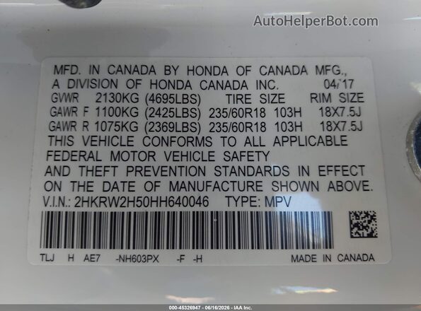 2HKRW2H50HH640046 2017 HONDA CR-V White Vista del compartimento del motor