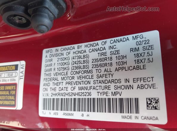 2HKRW2H52NH625236 2022 HONDA CR-V Красный Вид подкапотного пространства