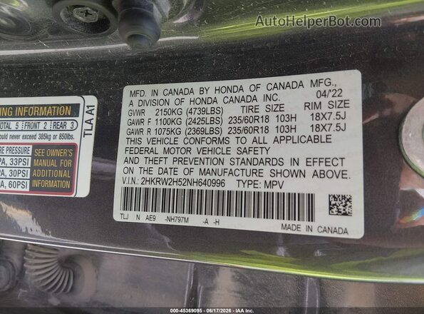 2HKRW2H52NH640996 2022 HONDA CR-V Gray Engine compartment view