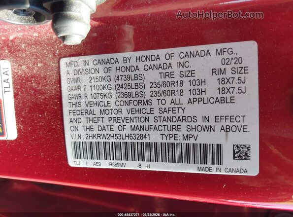 2HKRW2H53LH632841 2020 HONDA CR-V Red Շարժիչի բաժամունքի տեսք