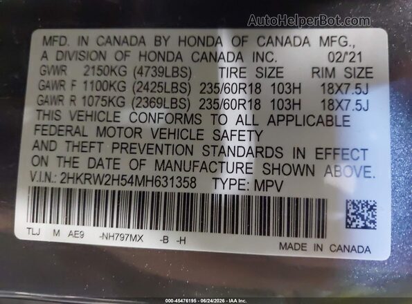 2HKRW2H54MH631358 2021 HONDA CR-V Gray Vista del compartimento del motor