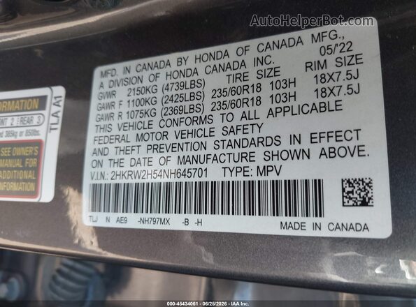 2HKRW2H54NH645701 2022 HONDA CR-V Серый Вид подкапотного пространства