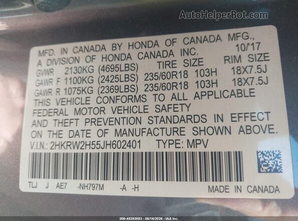 2HKRW2H55JH602401 2018 HONDA CR-V Gray Вид підкапотного простору