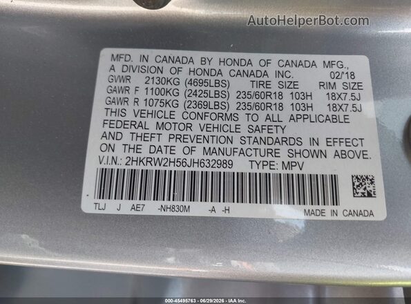 2HKRW2H56JH632989 2018 HONDA CR-V Серебряный Вид подкапотного пространства