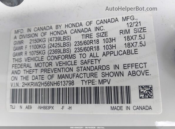 2HKRW2H56NH613798 2022 HONDA CR-V White Widok komory silnika