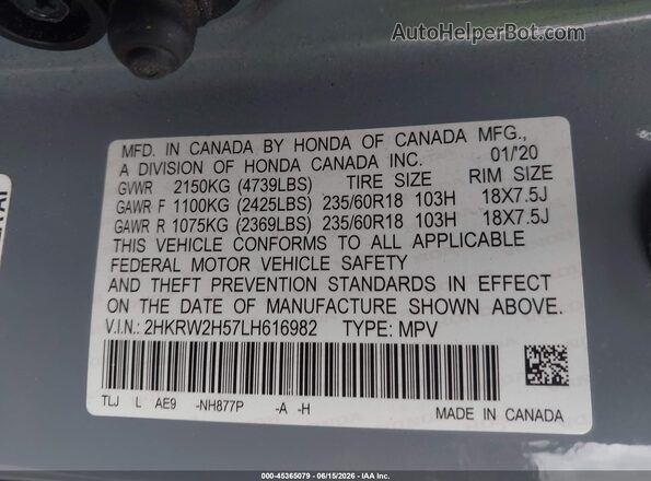 2HKRW2H57LH616982 2020 HONDA CR-V Синий Вид подкапотного пространства