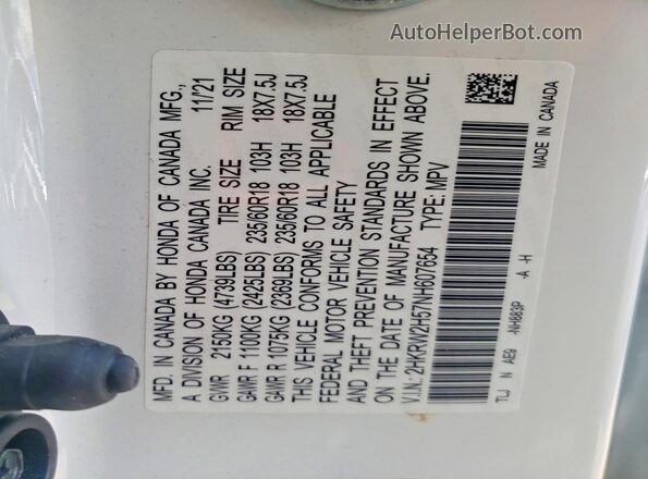 2HKRW2H57NH607654 2022 HONDA CR-V White 