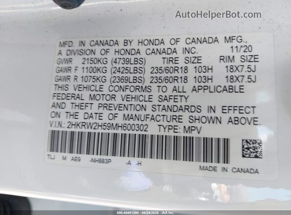 2HKRW2H59MH600302 2021 HONDA CR-V White Вид підкапотного простору
