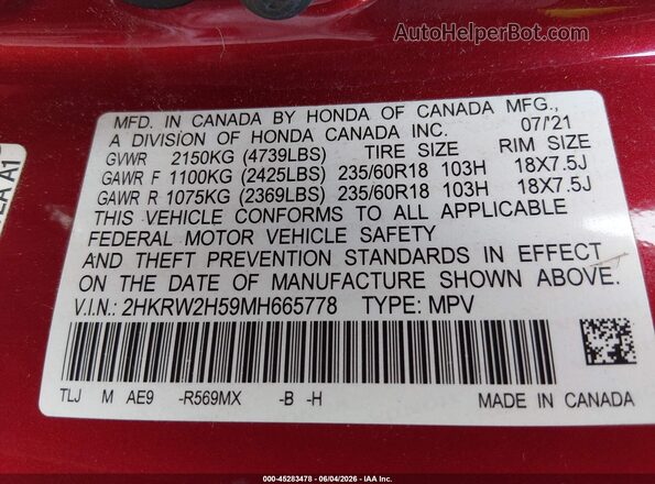 2HKRW2H59MH665778 2021 HONDA CR-V Red Vista del compartimento del motor