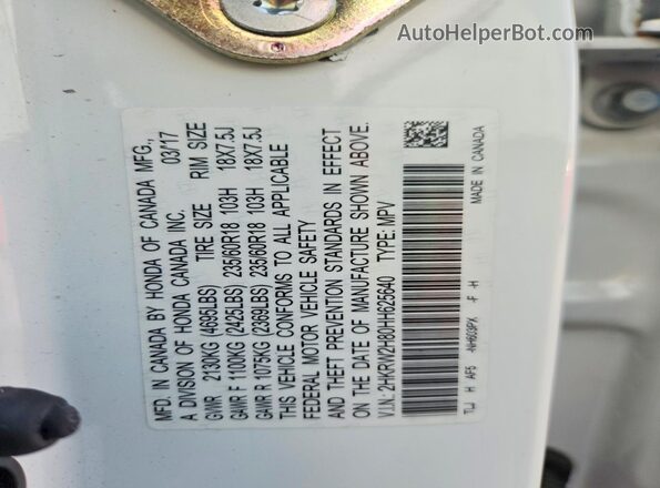 2HKRW2H80HH625640 2017 HONDA CR-V White VIN კოდის სტიკერის ხედი