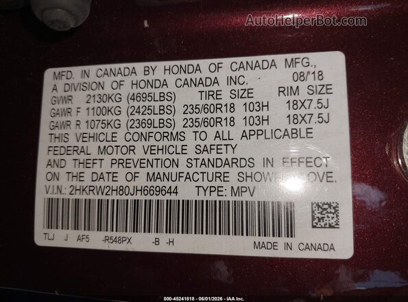 2HKRW2H80JH669644 2018 HONDA CR-V Burgundy 