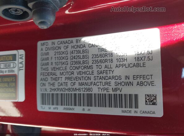 2HKRW2H80MH612980 2021 HONDA CR-V Red Vista del compartimento del motor