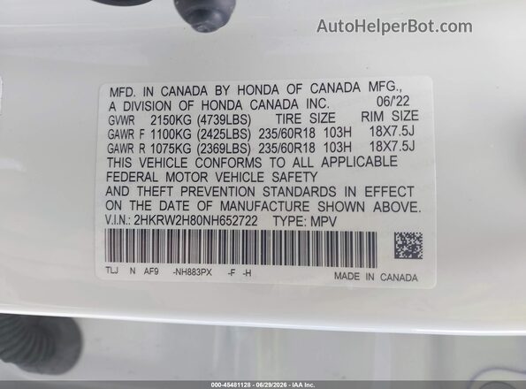 2HKRW2H80NH652722 2022 HONDA CR-V Белый Вид подкапотного пространства