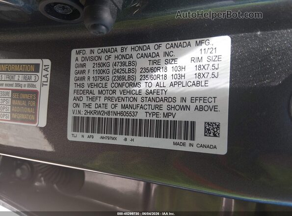 2HKRW2H81NH605537 2022 HONDA CR-V Gray Engine compartment view