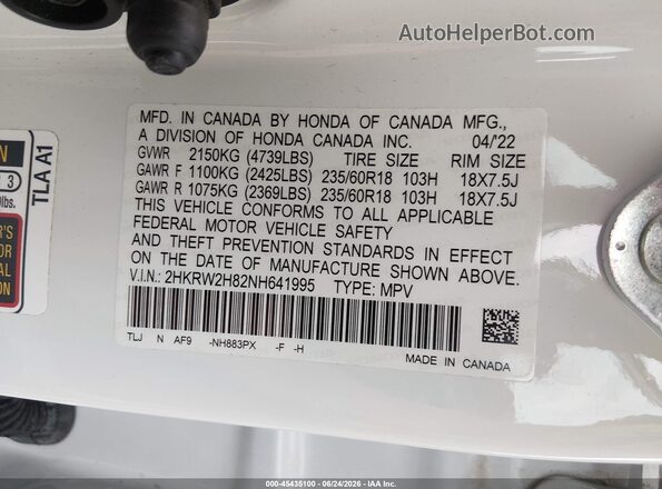2HKRW2H82NH641995 2022 HONDA CR-V White ძრავის განყოფილების ხედი