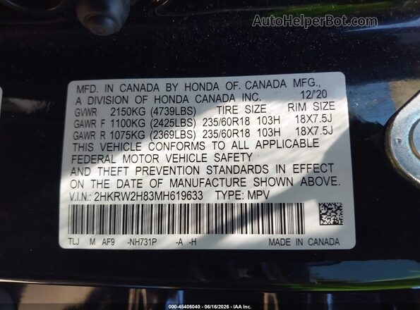 2HKRW2H83MH619633 2021 HONDA CR-V Black Engine compartment view