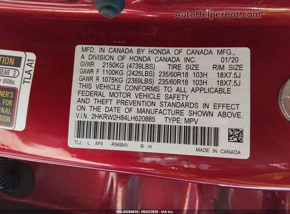 2HKRW2H84LH620885 2020 HONDA CR-V Red Շարժիչի բաժամունքի տեսք