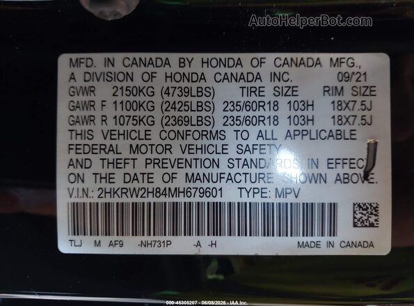 2HKRW2H84MH679601 2021 HONDA CR-V Black Vista del compartimento del motor